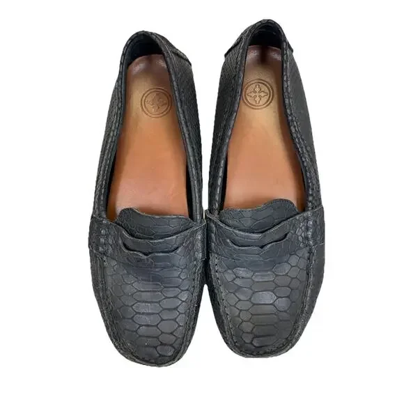 Charleston Shoe Co Tradd Penny Loafers Women's Sz 7 M Black Leather Slip-on Croc - Picture 2 of 12